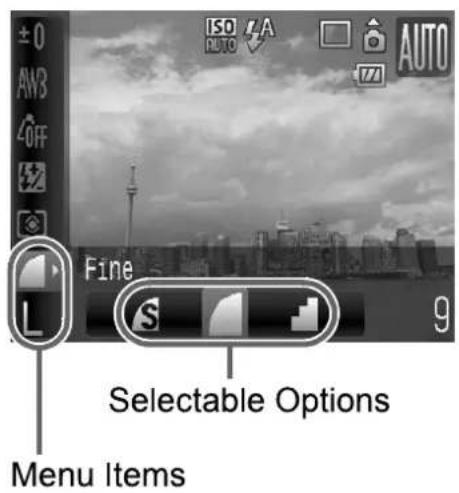 ±0 AW3 OFF ISO AUTO AUTO Fine S 9 Selectable Options Menu Items