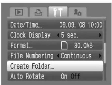 Date/Time... 09.09. '08 10:00 Clock Display 5 sec. Format... 30.0MB File Numbering Continuous Create Folder... Auto Rotate On Off