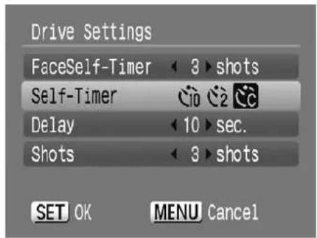 Drive Settings FaceSelf-Timer ◀ 3 ► shots Self-Timer 🎨 ⏻2 Ⓔ Delay ◀ 10 ► sec. Shots ◀ 3 ► shots SET OK MENU Cancel
