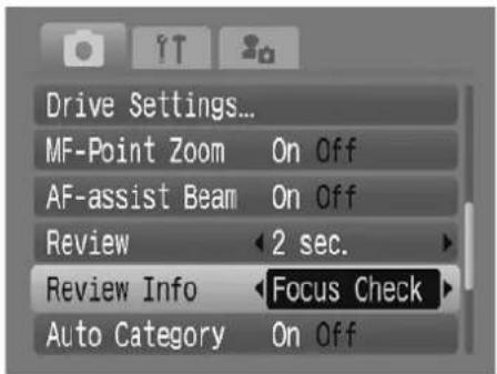 Drive Settings... MF-Point Zoom On Off AF-assist Beam On Off Review 2 sec. Review Info Focus Check Auto Category On Off