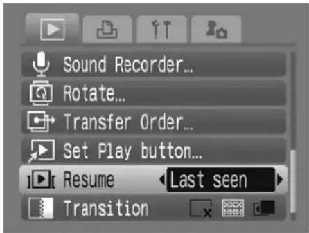 Sound Recorder... Rotate... Transfer Order... Set Play button... Resume Last seen Transition