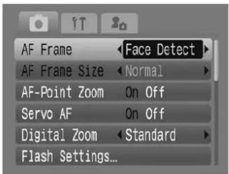 AF Frame AF Frame Size AF-Point Zoom Servo AF Digital Zoom Flash Settings... Face Detect Normal On Off On Off Standard