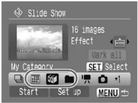 Slide Show 16 images Effect Mark all My Category SET Select Start Setup MENU