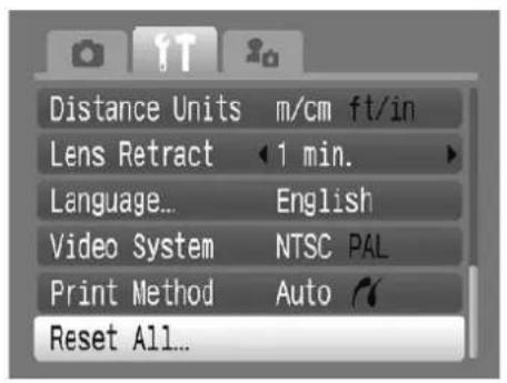 Distance Units m/cm ft/in Lens Retract 1 min. Language... English Video System NTSC PAL Print Method Auto ? Reset All...