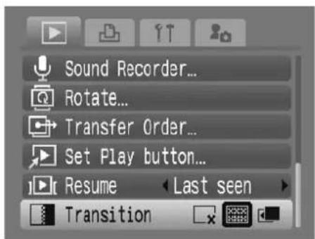 Sound Recorder... Rotate... Transfer Order... Set Play button... Resume Last seen Transition