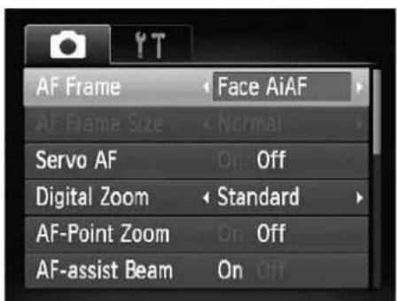 AF Frame Face AiAF AF Frame Size Normal Servo AF On Off Digital Zoom Standard AF-Point Zoom On Off AF-assist Beam On Off