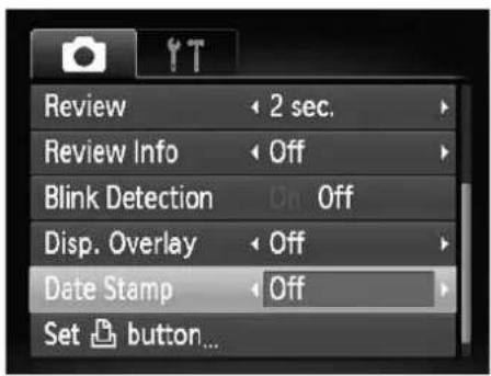 Review 2 sec. Review Info Off Blink Detection On Off Disp. Overlay Off Date Stamp Off Set button...
