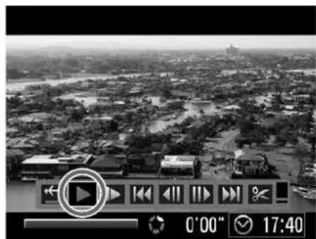 Black-and-white aerial photo of a cityscape with overlaid play button icons and playback controls