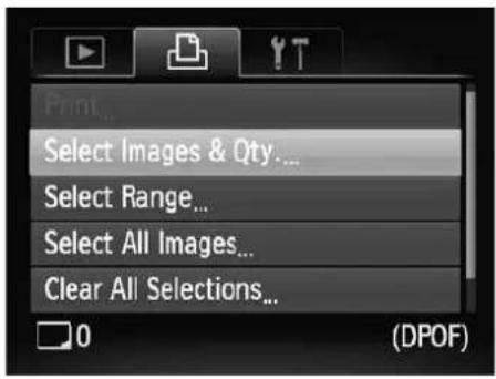 Print... Select Images & Qty... Select Range... Select All Images... Clear All Selections... 0 (DPOF)