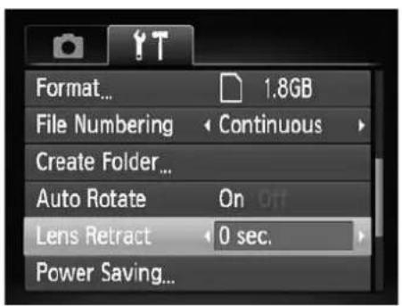 Format... 1.8GB File Numbering Continuous Create Folder... Auto Rotate On Lens Retract 0 sec. Power Saving...