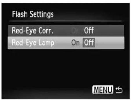 Flash Settings Red-Eye Corr. On Off Red-Eye Lamp On Off MENU