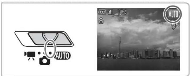 Mobile phone interface showing a car with 'AUTO' label and camera icon, alongside a city skyline photo with 'AUTO' badge.