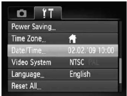 Power Saving... Time Zone... Date/Time... 02.02. '09 10:00 Video System NTSC PAL Language... English Reset All...