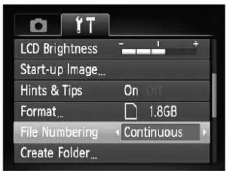 LCD Brightness Start-up Image... Hints & Tips On Off Format... 1.8GB File Numbering Continuous Create Folder...
