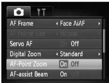 AF Frame Face AiAF Af Frame size Normal Servo AF On Off Digital Zoom Standard AF-Point Zoom On Off AF-assist Beam On Off