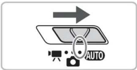 Diagram showing a car interior with an arrow pointing to the window, alongside icons for camera, video, and auto.