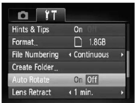 Hints & Tips On Format... 1.8GB File Numbering Continuous Create Folder... Auto Rotate On Off Lens Retract 1 min.