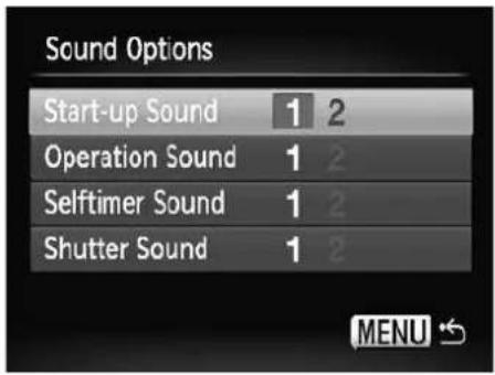 Sound Options Start-up Sound 1 2 Operation Sound 1 2 Selftimer Sound 1 2 Shutter Sound 1 2 MENU ↕