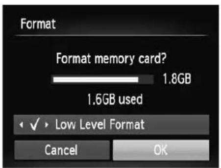 Format Format memory card? 1.8GB 1.6GB used ✓ Low Level Format Cancel OK