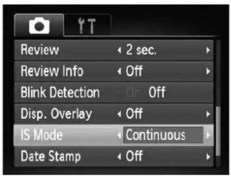 Review 2 sec. Review Info Off Blink Detection On Off Disp. Overlay Off IS Mode Continuous Date Stamp Off