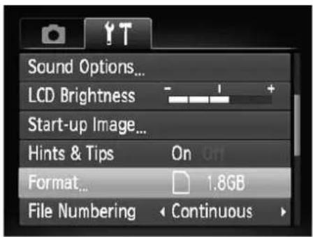 Sound Options... LCD Brightness Start-up Image... Hints & Tips On Off Format... 1.8GB File Numbering Continuous