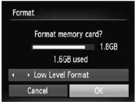 Format Format memory card? 1.8GB 1.6GB used Low Level Format Cancel OK