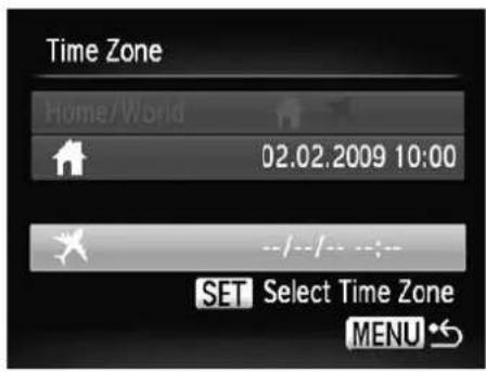 Time Zone Home/World 02.02.2009 10:00 --/--/-- SET Select Time Zone MENU