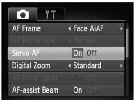 AF Frame AF Frame Size Servo AF On Off Digital Zoom Standard AF-Point Zoom On Off AF-assist Beam On Off