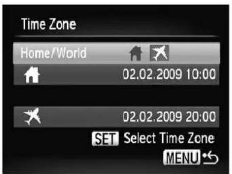 Time Zone Home/World 02.02.2009 10:00 02.02.2009 20:00 SET Select Time Zone MENU