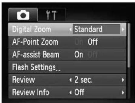 Digital Zoom Standard AF-Point Zoom On Off AF-assist Beam On Off Flash Settings... Review 2 sec. Review Info Off