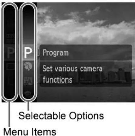 Program Set various camera functions Selectable Options Menu Items