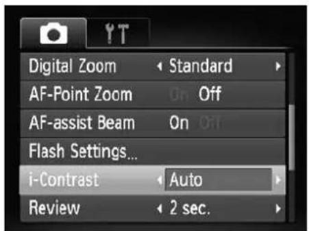 Digital Zoom AF-Point Zoom AF-assist Beam Flash Settings... i-Contrast Review Standard On Off On Off Auto 2 sec.