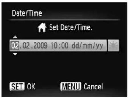 Date/Time Set Date/Time. 02.02.2009 10:00 dd/mm/yy SET OK MENU Cancel