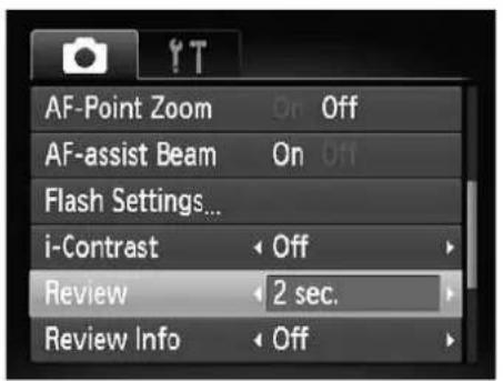 AF-Point Zoom On Off AF-assist Beam On Off Flash Settings... i-Contrast Off Review 2 sec. Review Info Off