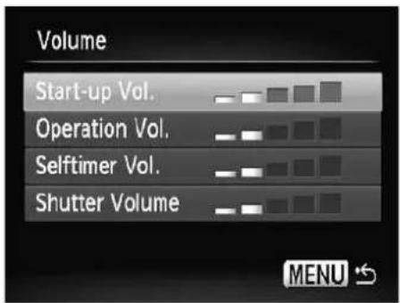 Volume Start-up Vol. Operation Vol. Selftimer Vol. Shutter Volume MENU