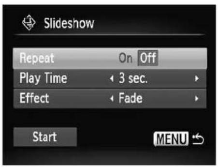 Slideshow Repeat On Off Play Time 3 sec. Effect Fade Start MENU ↻