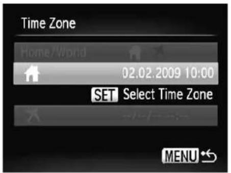 Time Zone Home/World 02.02.2009 10:00 SET Select Time Zone MENU