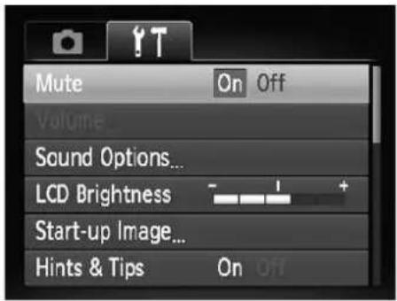 Mute On Off Volume Sound Options... LCD Brightness + Start-up Image... Hints & Tips On Off