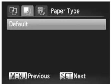 Paper Type Default MENU Previous SET Next