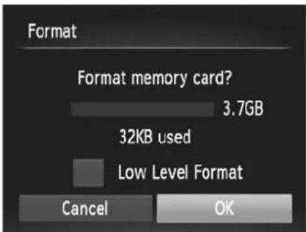 Format Format memory card? 3.7GB 32KB used Low Level Format Cancel OK