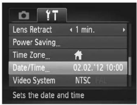 Lens Retract 1 min. Power Saving... Time Zone... Date/Time... 02.02. '12 10:00 Video System NTSC Sets the date and time