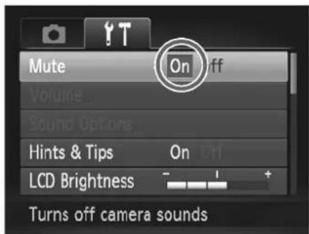 Mute Volume Sound Options Hints & Tips LCD Brightness On Off Turns off camera sounds