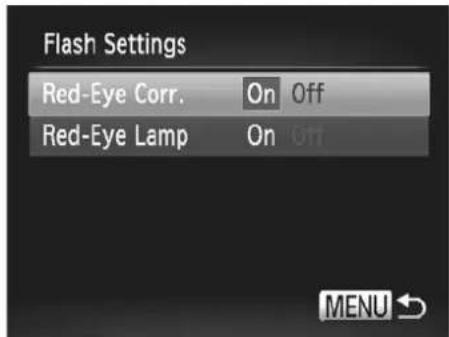 Flash Settings Red-Eye Corr. On Off Red-Eye Lamp On Off MENU