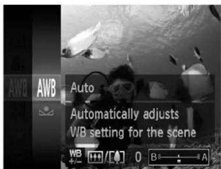 AWB AWB Auto Automatically adjusts WB setting for the scene WB +/- 0 B - : A