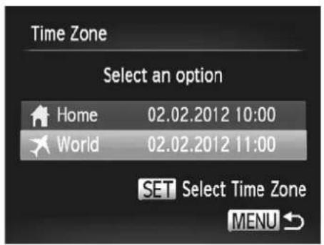 Time Zone Select an option Home 02.02.2012 10:00 World 02.02.2012 11:00 SET Select Time Zone MENU