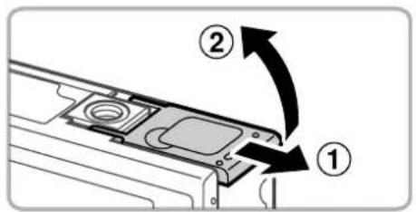 Diagram showing a device component with labeled parts ① and ②, indicating directional movement or assembly.