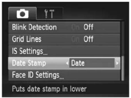 Blink Detection On Off Grid Lines On Off IS Settings... Date Stamp Date Face ID Settings... Puts date stamp in lower