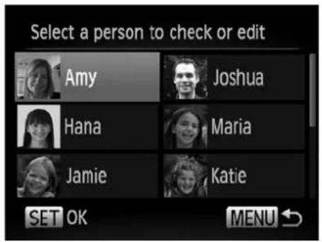 Select a person to check or edit Amy Joshua Hana Maria Jamie Katie SET OK MENU