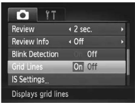 Review 2 sec. Review Info Off Blink Detection On Off Grid Lines On Off IS Settings... Displays grid lines