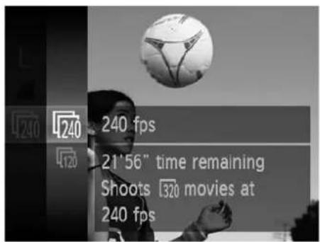 240 fps 21'56" time remaining Shoots 320 movies at 240 fps